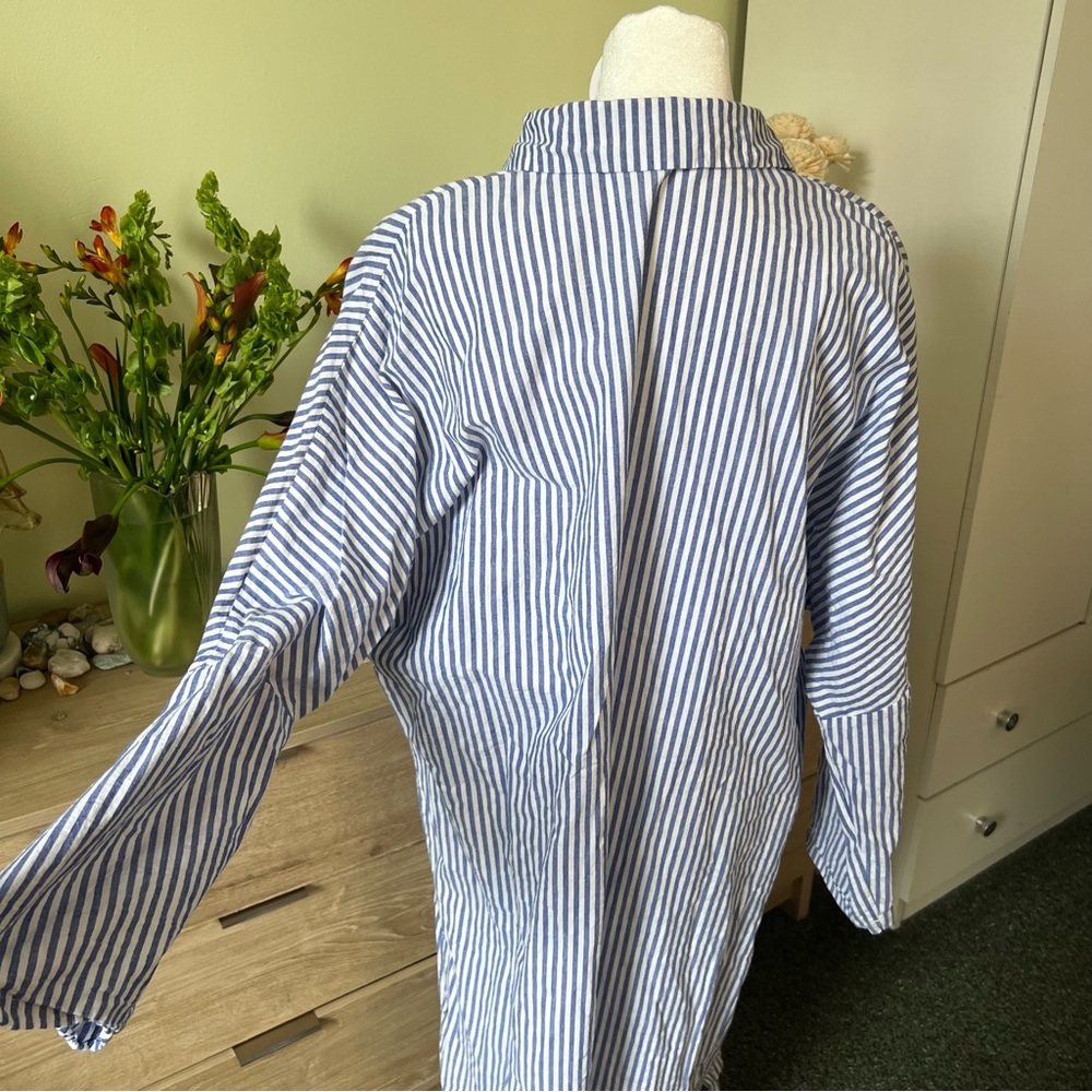 Blue & White Stripe Button Down Drop Shoulder Gauzy Airy Flowy Beach Midi Dress - Picture 6 of 15